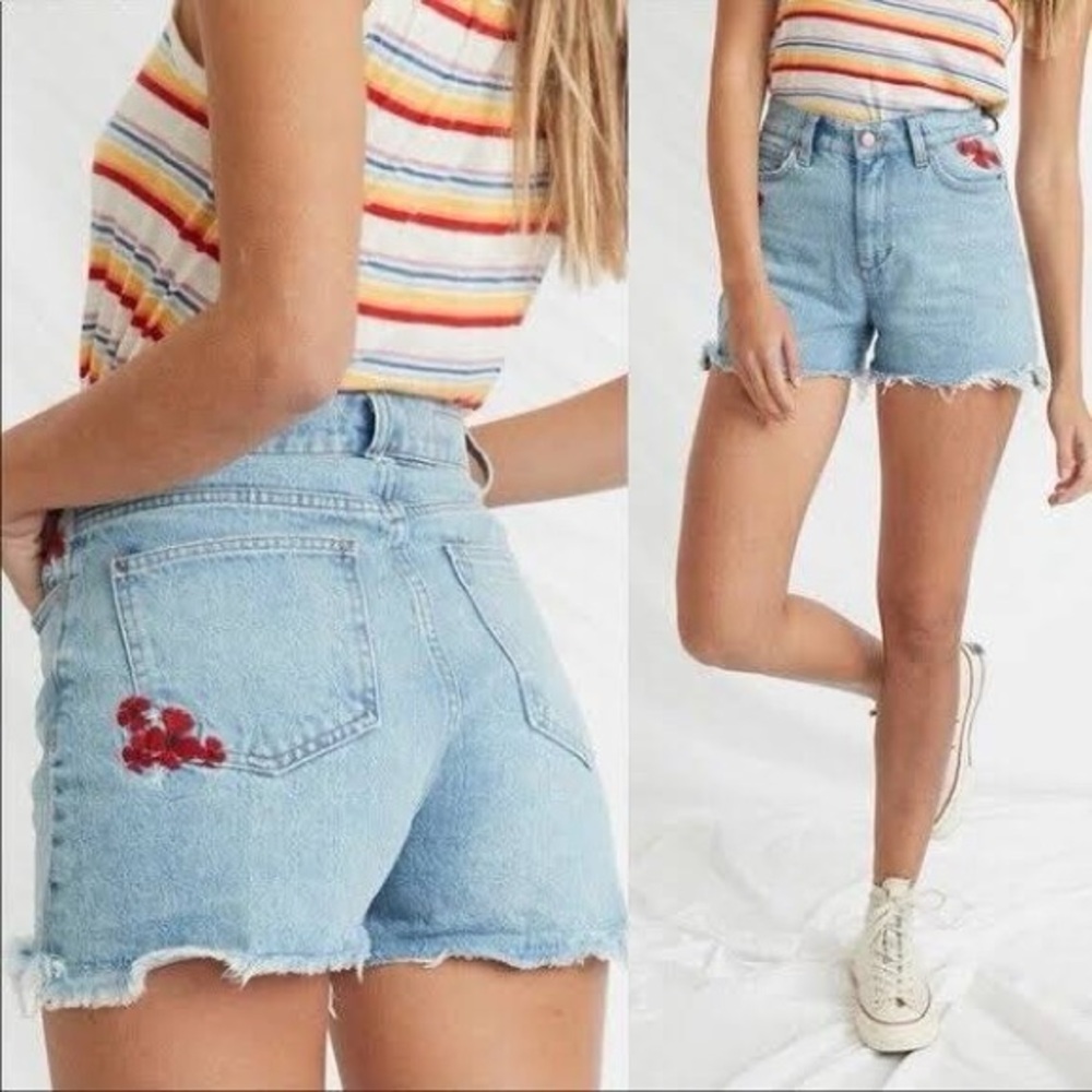 Marine Layer Light Blue Denim Shorts with Red Floral Embroidery - Picture 2 of 8